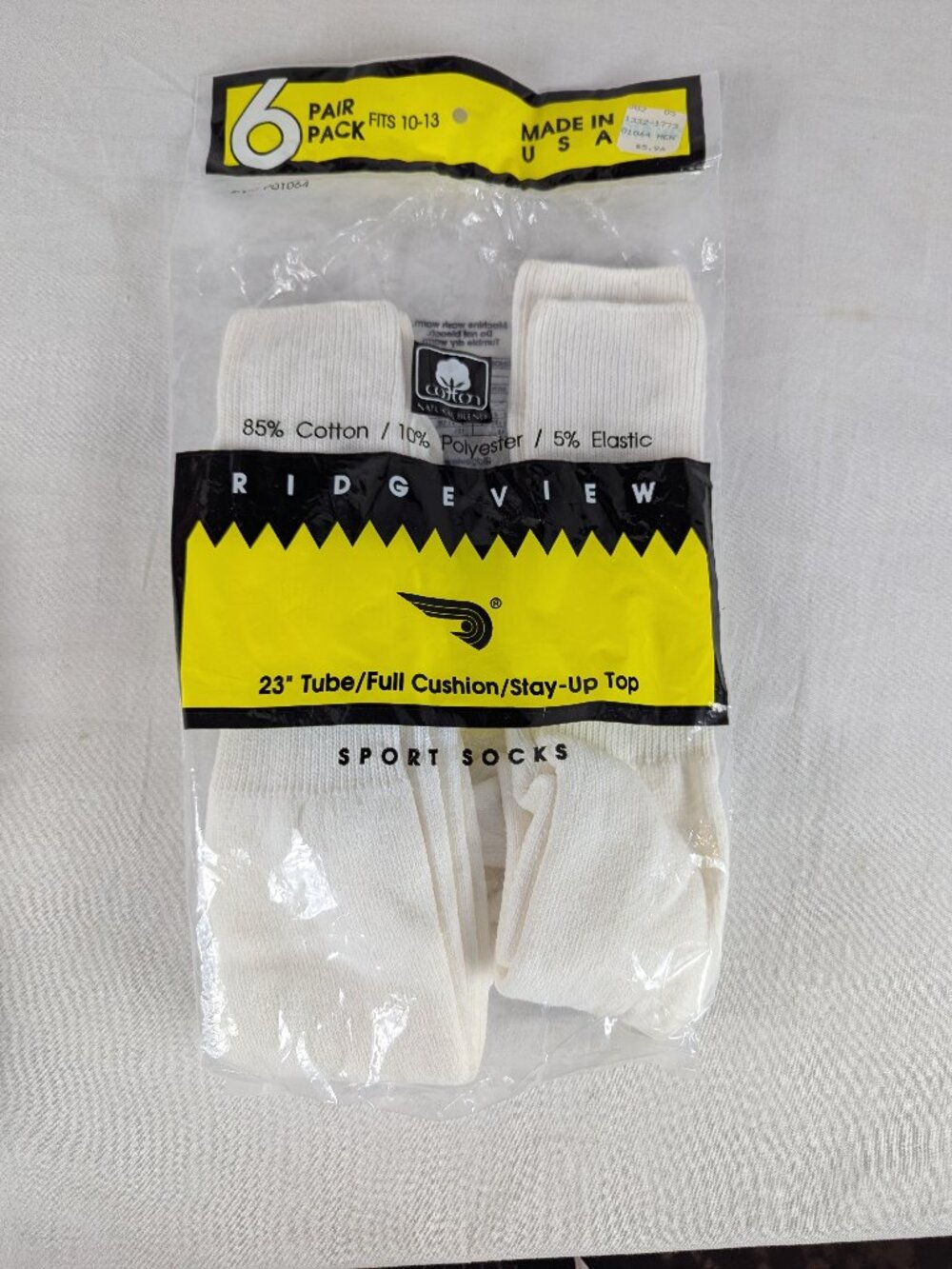 Ridgeview Tube Socks 23" Sport White Cotton Blend Made in USA - 2 Pairs NEW